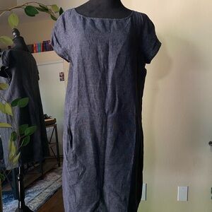Eileen fisher linen dress shift dress medium dark wash pockets distressed denim